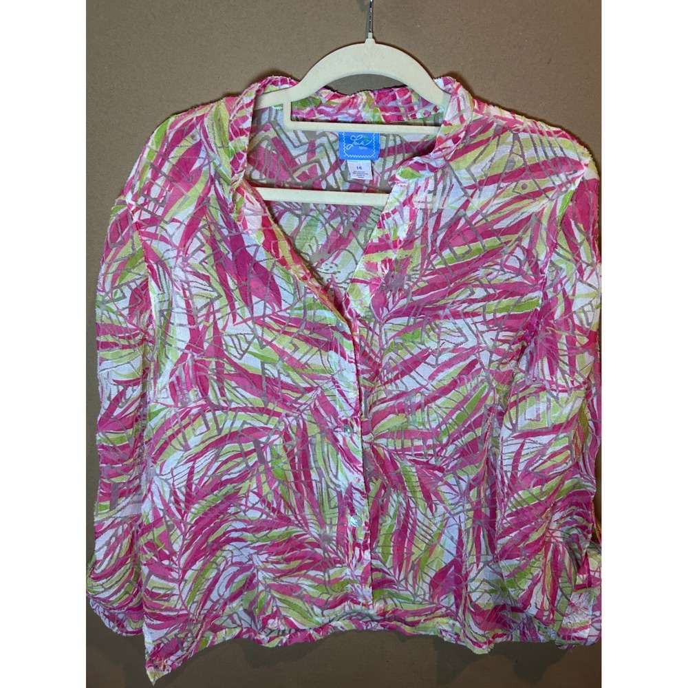 Jaci Lane Tropical Burnout Blouse Womens 14 Pink Green Excellent Roll Tab Sleeve